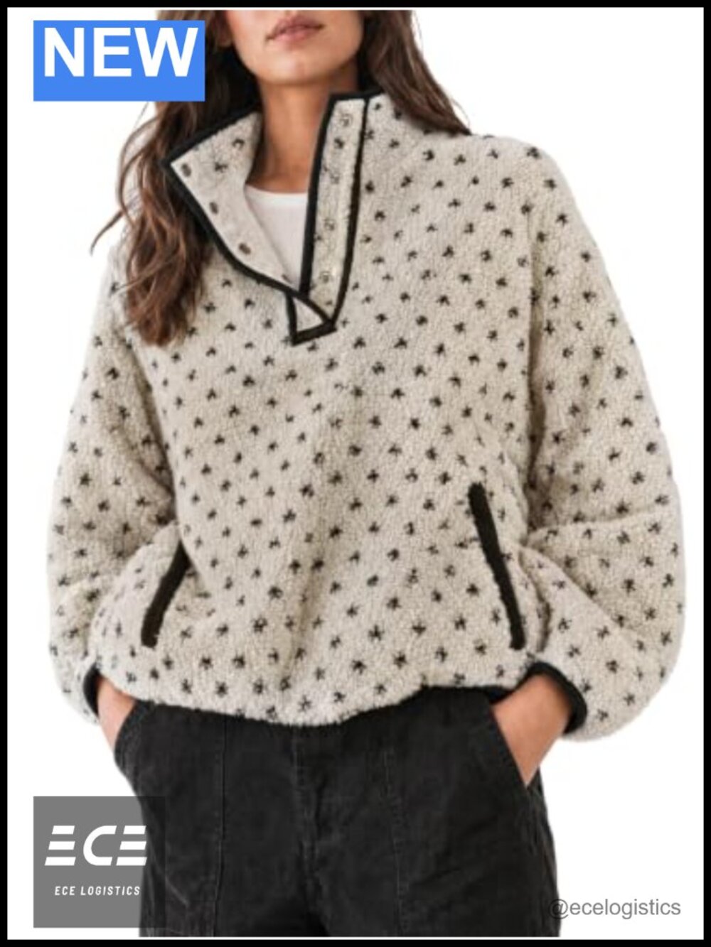 Fuzzy Fleece Casual Jacket Collared V Neck Oversized Pullover Top